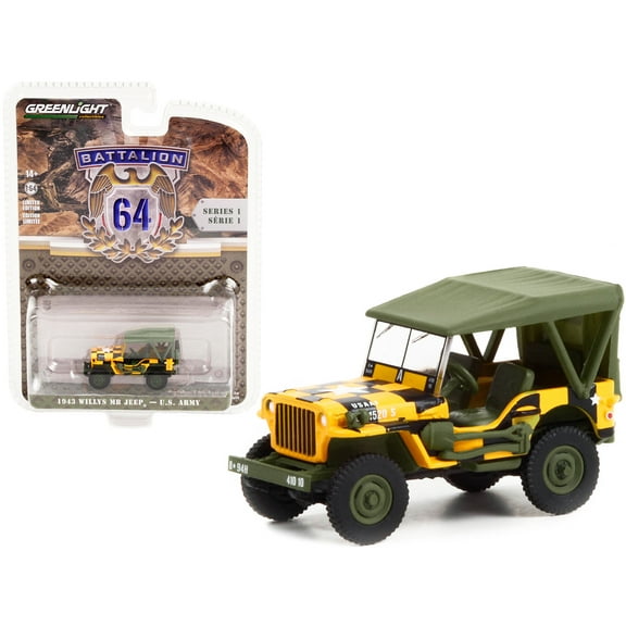 1943 Willys MB Jeep Yellow & Black w/Green Top "Follow Me" U.S. Army "Battalion 64" 1/64 Diecast Model Car by Greenlight