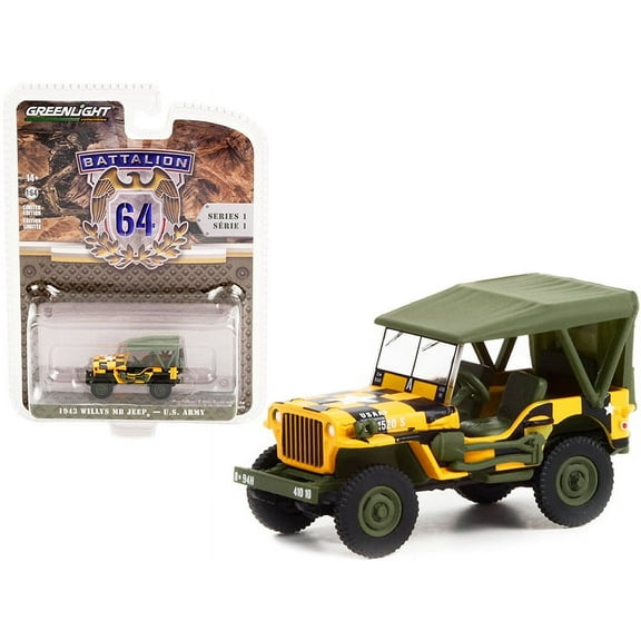 1943 Willys MB Jeep Yellow and Black with Green Top "Follow Me" U.S. Army "Battalion 64" Release 1 1/64 Diecast Model Car by Greenlight