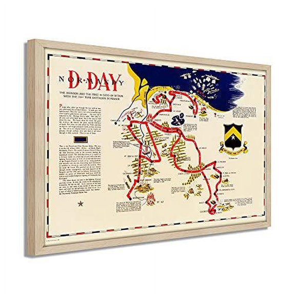1944 D-Day Normandy Map - Framed Vintage D-Day Normandy Map - WW2 Map of Normandy Poster - History Map of Normandy Invasion World War 2 Wall Art Poster Print