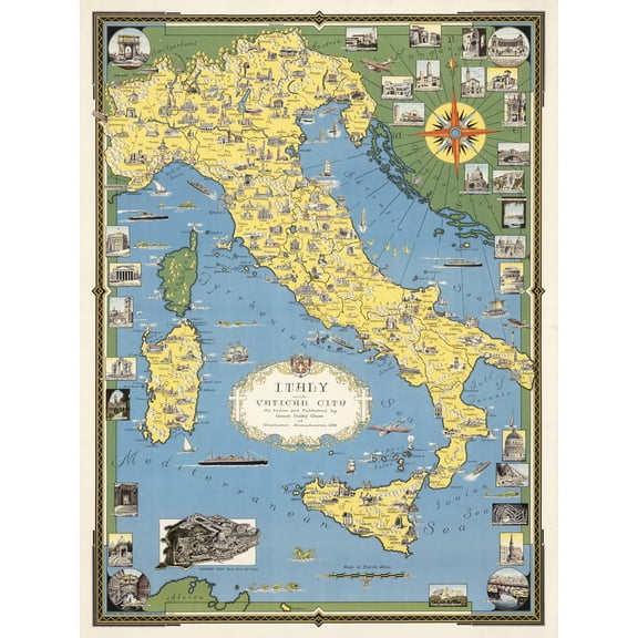 1944 Ernest Dudley Chase Map Italy With Vatican City Extra Large XL Wall Art Poster Print