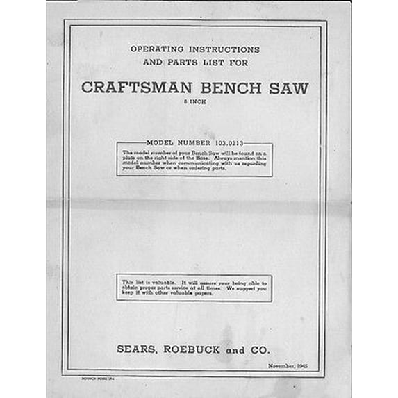 1945 Craftsman 103.0213 8" Tilt-Table Bench Saw Form 164 Instructions REPRINT