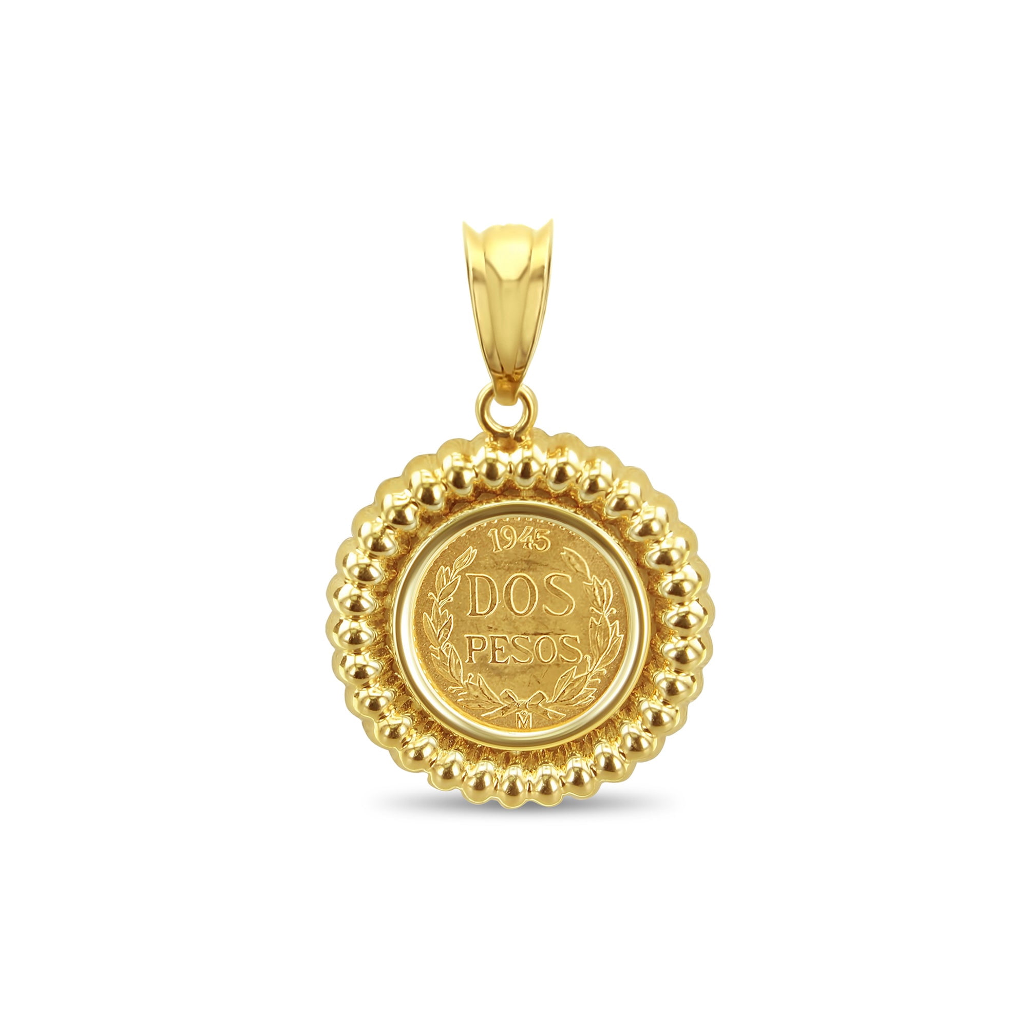 1945 Dos Pesos Gold Necklace with Curved 14k Yellow Gold Bezel