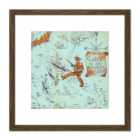 1945 Pictorial Map Guide To The Western Pacific 8X8 Inch Square Wooden Framed Wall Art Print Picture with Mount