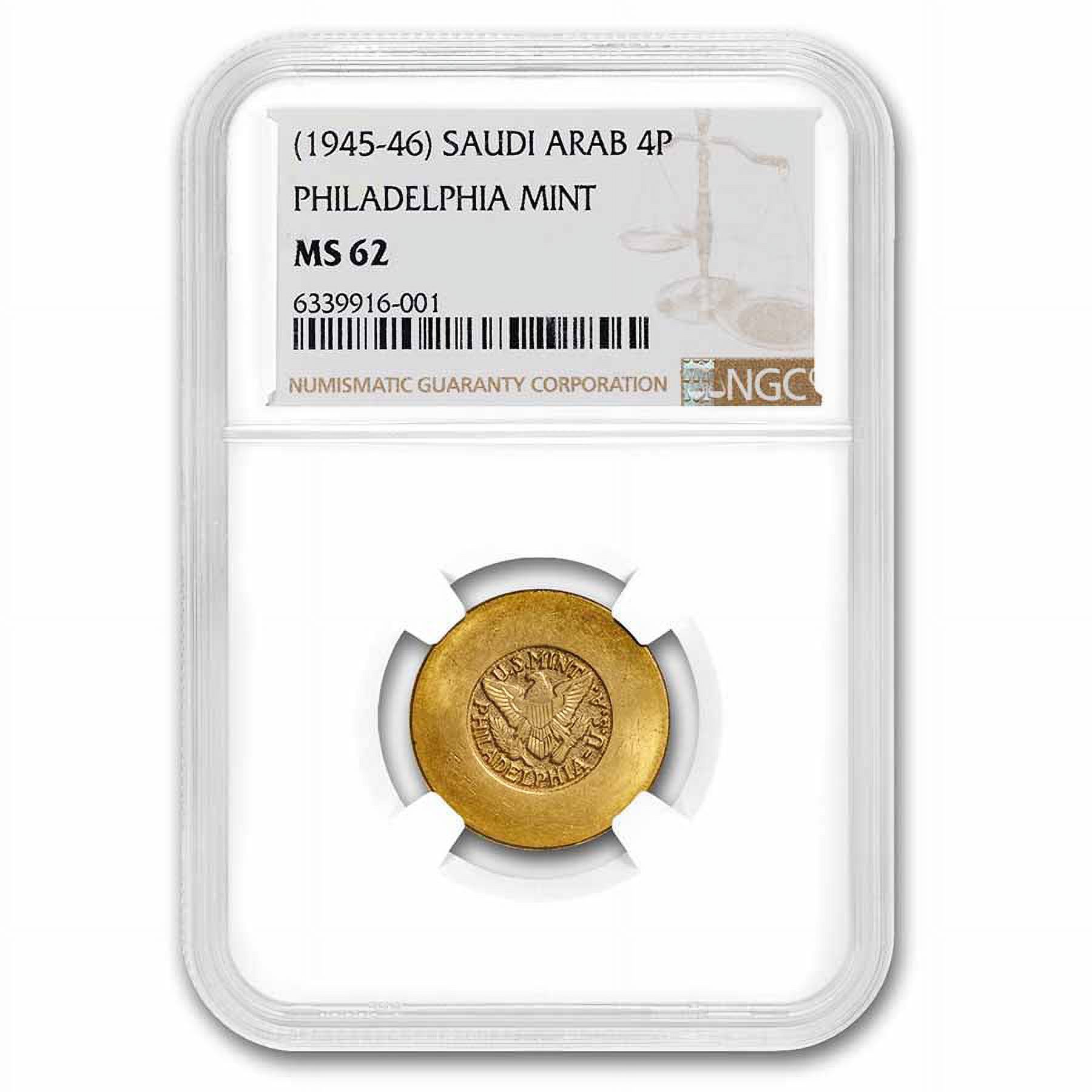 1945 Saudi Arabia Gold 4 Pound ARAMCO Philadelphia Mint MS62 NGC