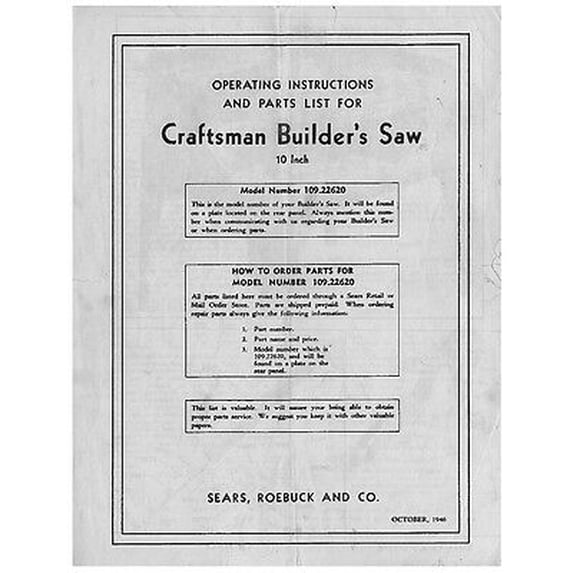 1946 Craftsman 109.22620 10" Builder's Saw Instructions and Parts List REPRINT