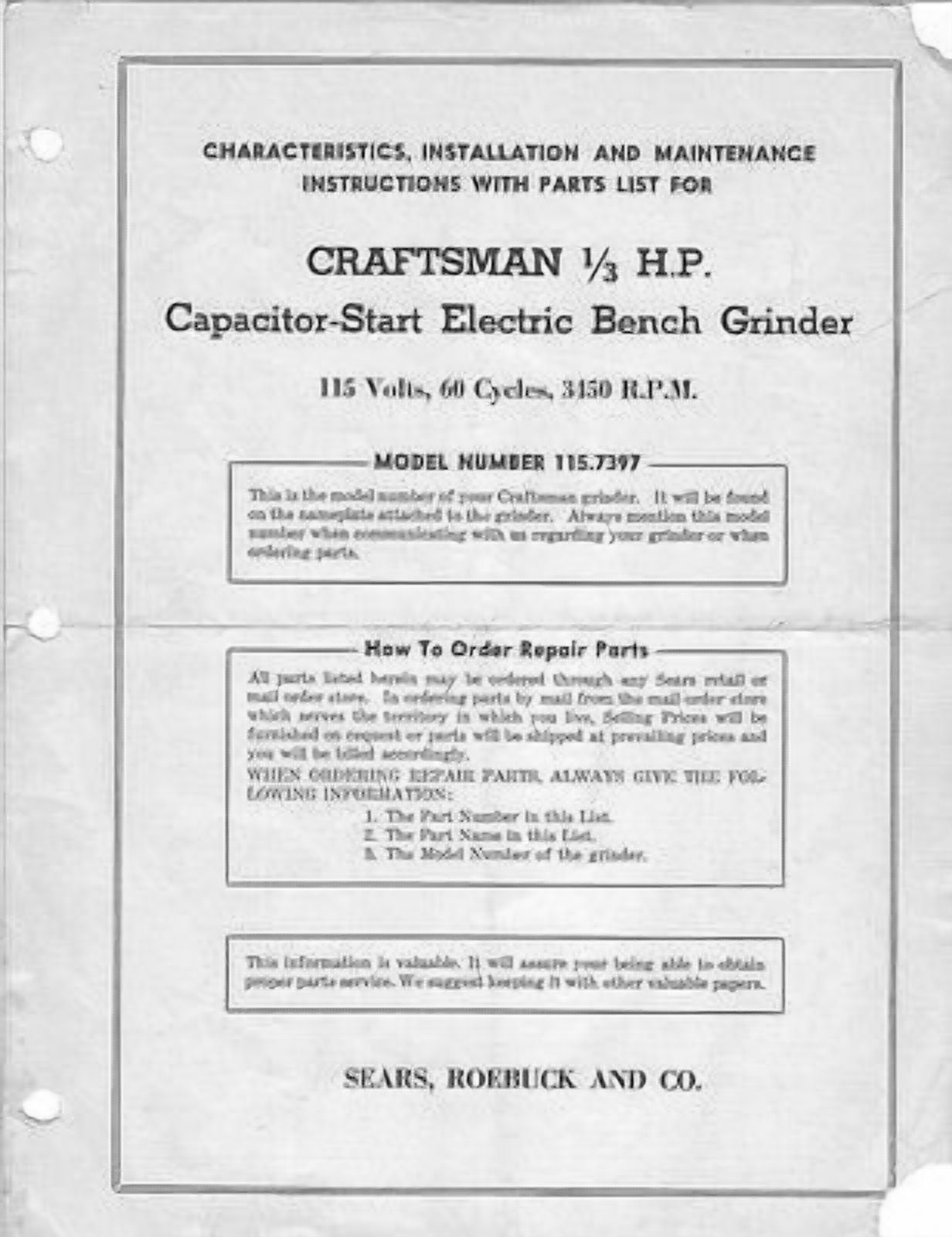 1946 Craftsman 115.7397 1/3 HP Capacitor-Start Electric Bench Grinder REPRINT