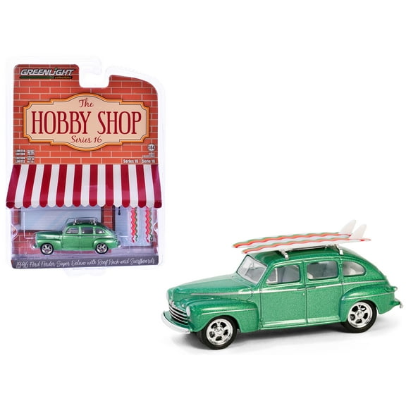 1946 Ford Fordor Super Deluxe Green Metallic with White Interior and Rack with Surfboards 1/64 Diecast Model Car by Greenlight
