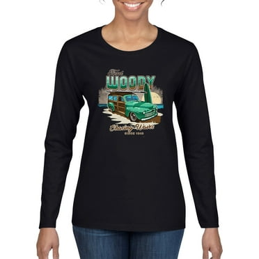 1946 Vintage Ford Woody Chasing Waves Cars and Trucks Womens Graphic Long Sleeve T-Shirt, Black, Small