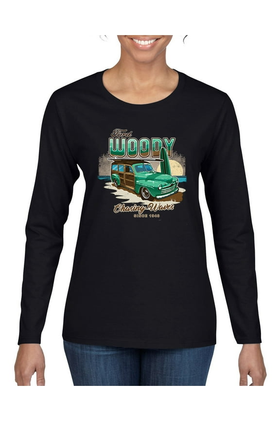 1946 Vintage Ford Woody Chasing Waves Cars and Trucks Womens Graphic Long Sleeve T-Shirt, Black, Small
