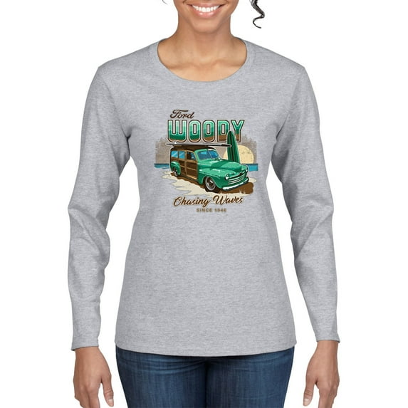 1946 Vintage Ford Woody Chasing Waves Cars and Trucks Womens Graphic Long Sleeve T-Shirt, Heather Grey, Small