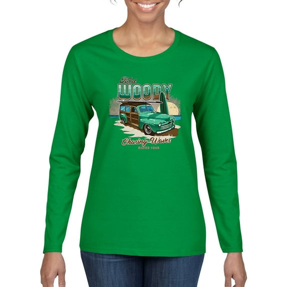 1946 Vintage Ford Woody Chasing Waves Cars and Trucks Womens Graphic Long Sleeve T-Shirt, Kelly, Medium