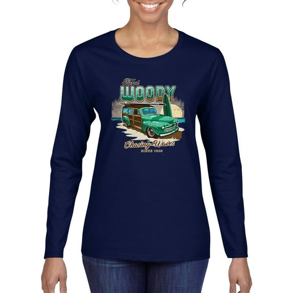 1946 Vintage Ford Woody Chasing Waves Cars and Trucks Womens Graphic Long Sleeve T-Shirt, Navy, X-Large