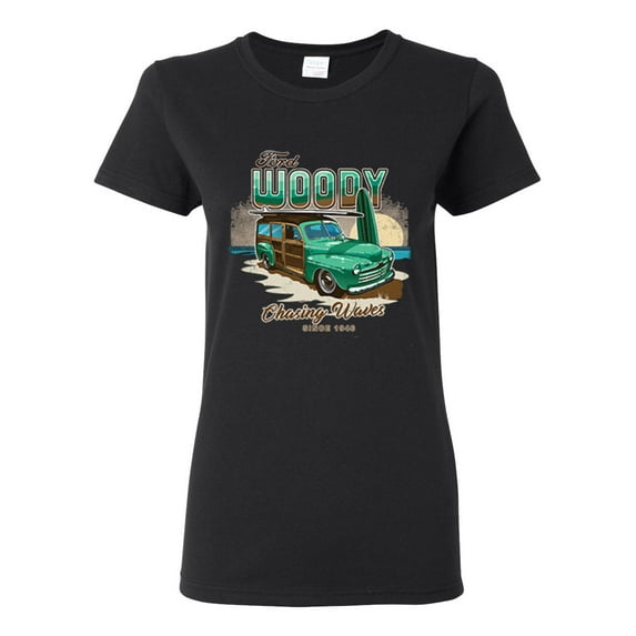 1946 Vintage Ford Woody Chasing Waves Cars and Trucks Womens Graphic T-Shirt, Black, Small