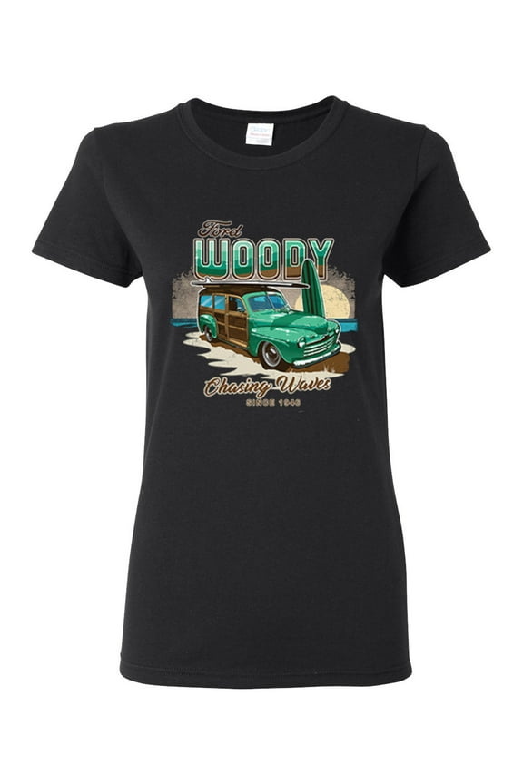 1946 Vintage Ford Woody Chasing Waves Cars and Trucks Womens Graphic T-Shirt, Black, Small