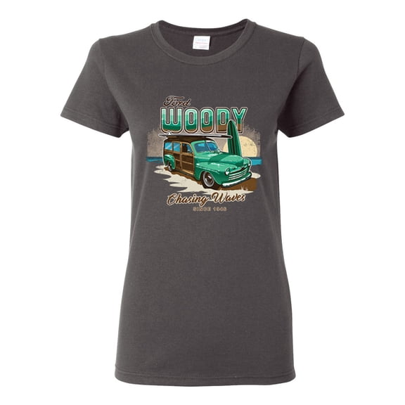 1946 Vintage Ford Woody Chasing Waves Cars and Trucks Womens Graphic T-Shirt, Charcoal, Large