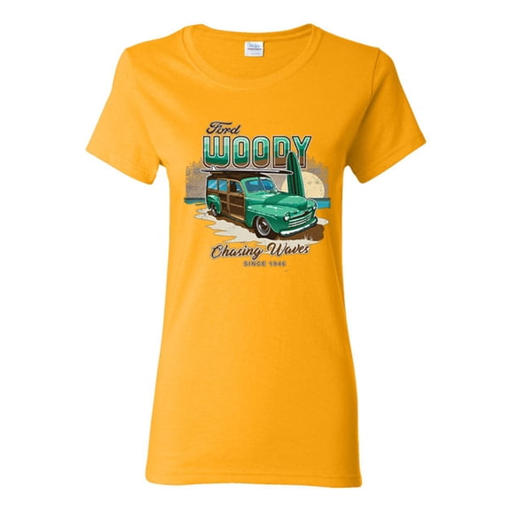 1946 Vintage Ford Woody Chasing Waves Cars and Trucks Womens Graphic T-Shirt, Gold, Large