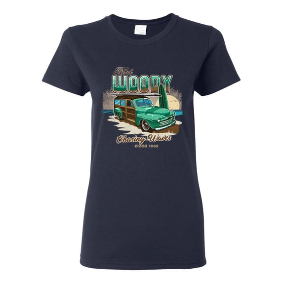 1946 Vintage Ford Woody Chasing Waves Cars and Trucks Womens Graphic T-Shirt, Navy, Large