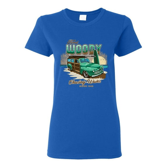 1946 Vintage Ford Woody Chasing Waves Cars and Trucks Womens Graphic T-Shirt, Royal, 2XL