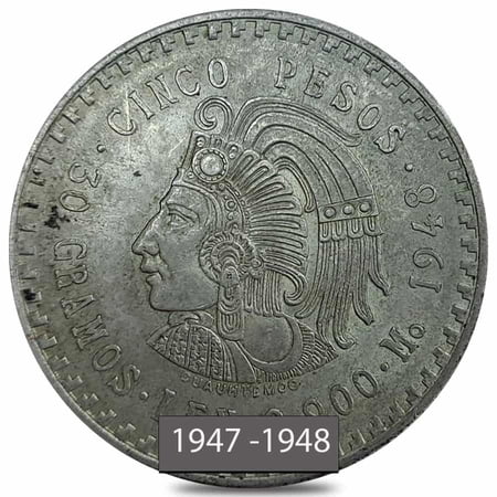 1947-1948 Mexico 5 Pesos Cuauhtemoc Silver Coin Avg Circ (Random Year)