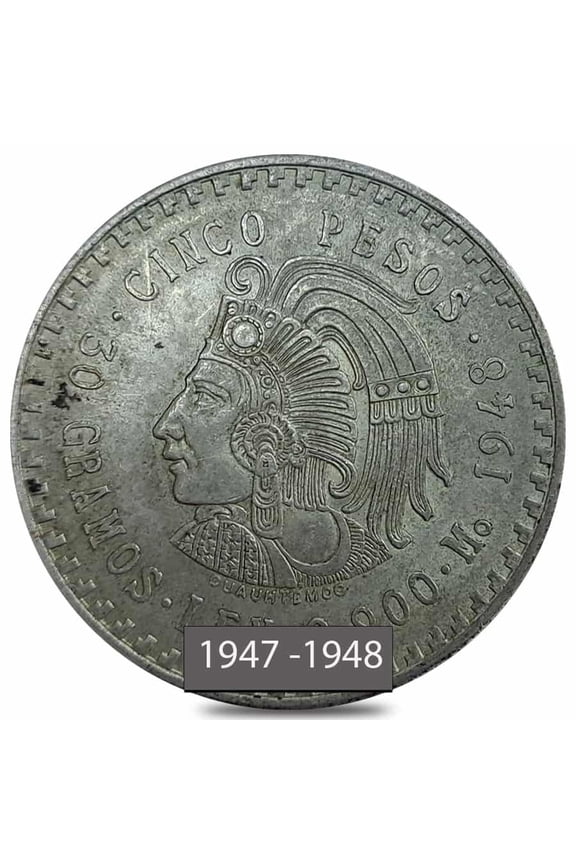 1947-1948 Mexico 5 Pesos Cuauhtemoc Silver Coin Avg Circ (Random Year)
