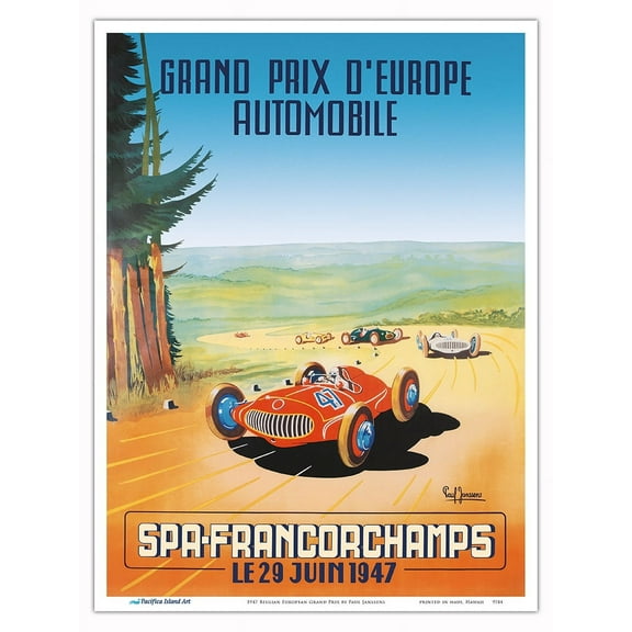 1947 Belgian European Grand Prix - Circuit de Spa-Francorchamps Belgium - Vintage Car Racing Poster by Paul Janssens - Master Art Print (Unframed) 9in x 12in