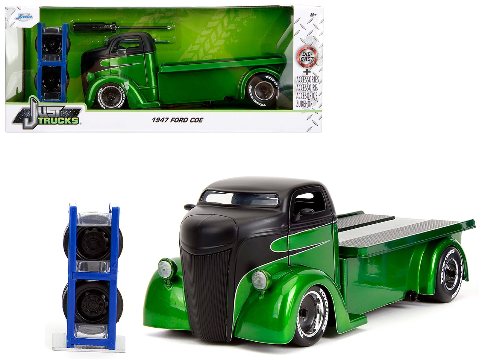 1947 Ford COE Flatbed Truck Green Met and Matt Black "Toyo Tires" with Extra Wheels "Just Trucks" 1/24 Diecast Model Car by Jada