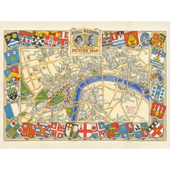 1947 Pictorial Map London Royal Wedding Picture Map Extra Large XL Wall Art Poster Print