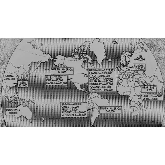 1947 World Map Showing Population Of Communist Party Members By Continent And Selected Countries.