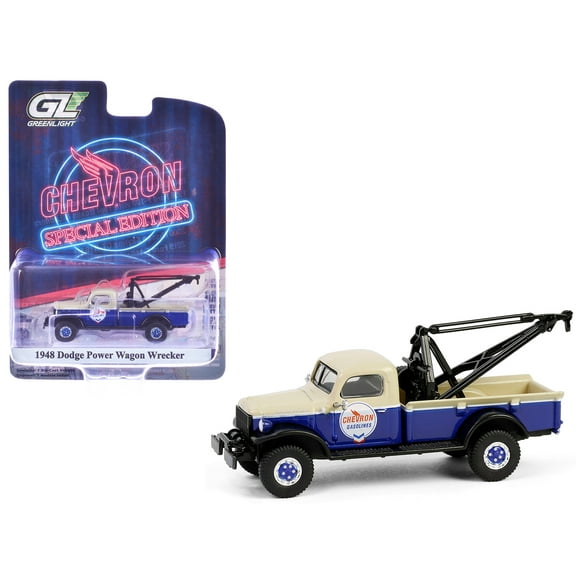 1948 Dodge Power Wagon Wrecker Tow Truck Beige and Blue "Chevron Special Edition" Series 1 1/64 Diecast Model Car by Greenlight
