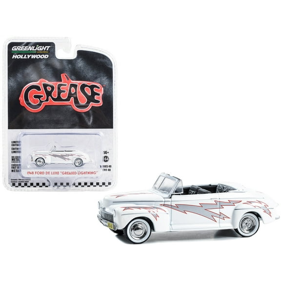 1948 Ford De Luxe Convertible "Greased Lightning" White with Graphics "Grease" (1978) Movie "Hollywood Series" Release 40 1/64 Diecast Model Car by Greenlight