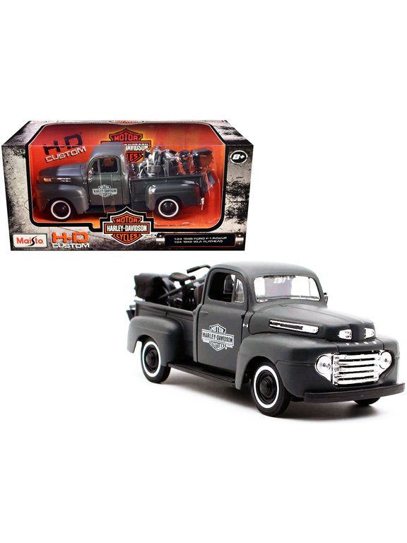 1948 Ford F-1 Pickup Truck and 1942 Harley-Davidson WLA Flathead Motorcycle Matt Dark Gray 1/24 Diecast Models by Maisto