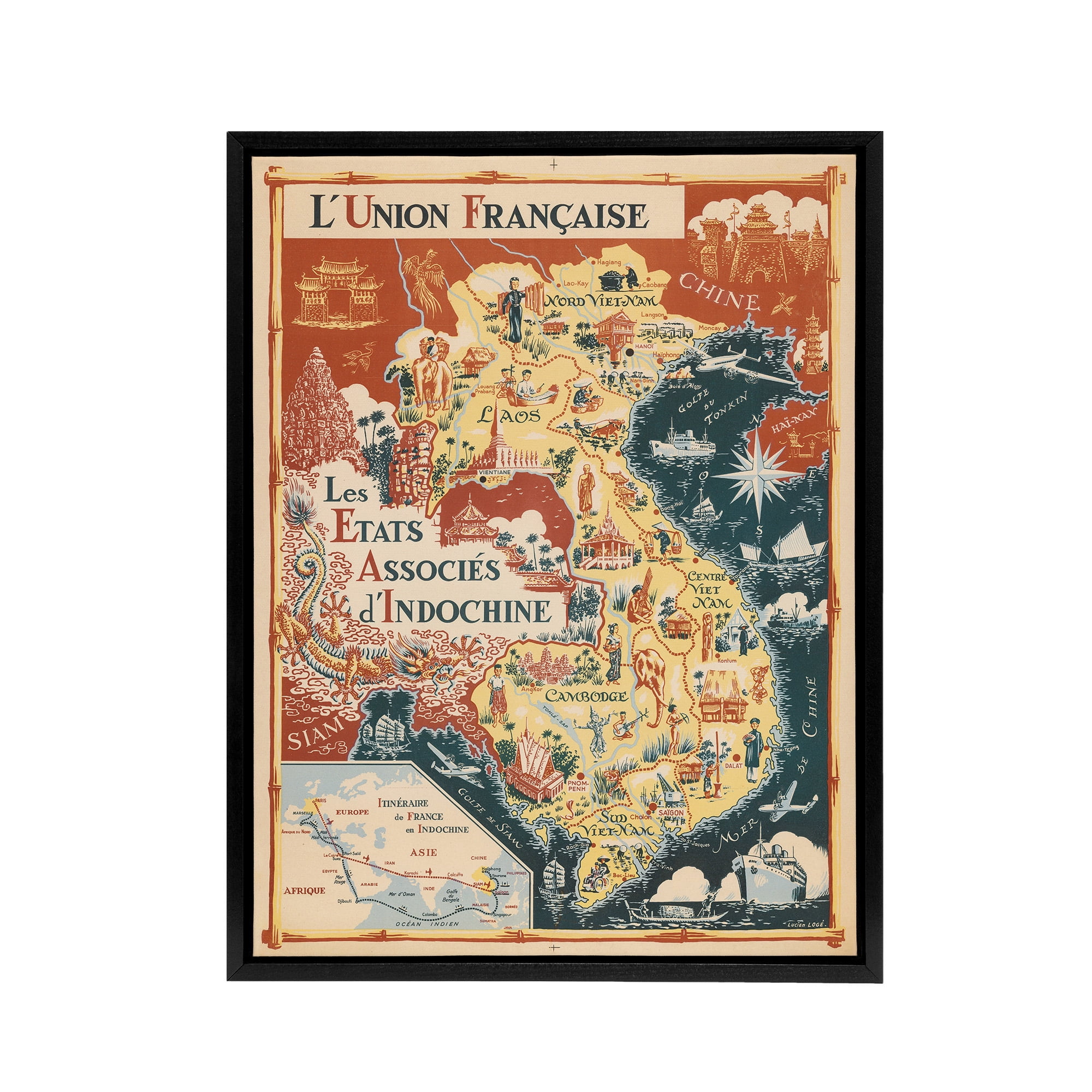 1948 Map Associated States of Indochina Black Framed Canvas Wall Art ...