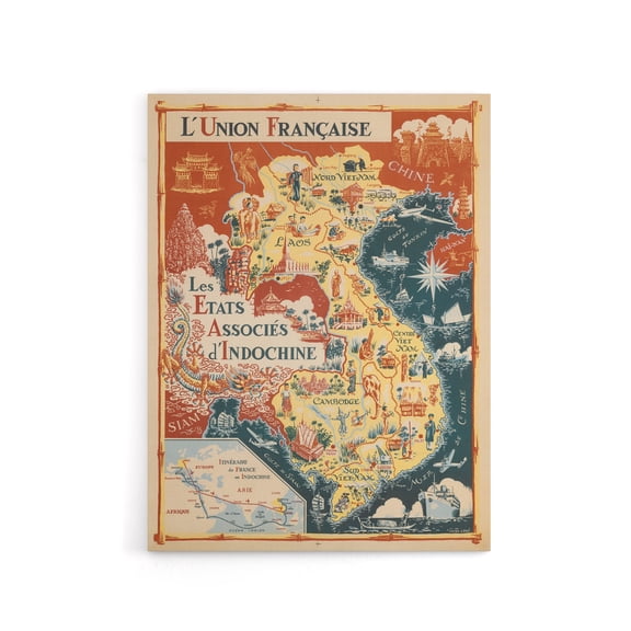 1948 Map Associated States of Indochina Canvas Wall Art Print 12X16"