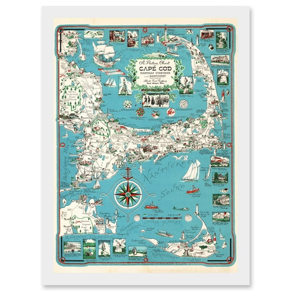1949 Cape Cod Nantucket Massachusetts Pictorial Map Chase A4 Artwork Framed Wall Art Print