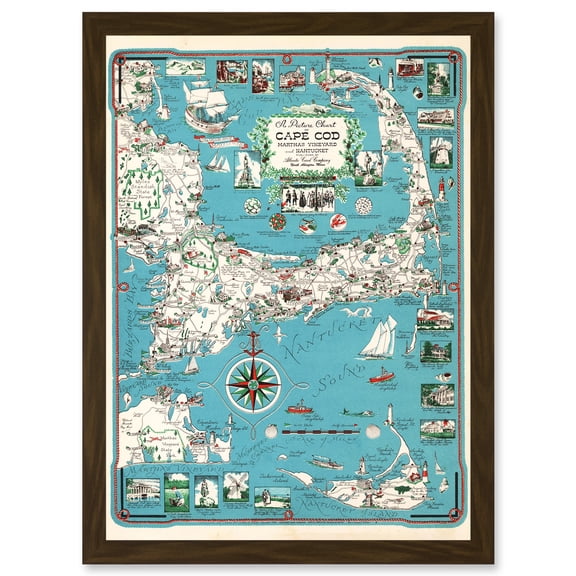 1949 Cape Cod Nantucket Massachusetts Pictorial Map Chase A4 Artwork Framed Wall Art Print
