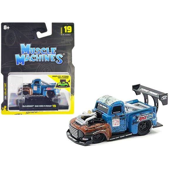 1949 Ford F1 Pickup Truck #128 "Old Smokey" Blue and Brown (Weathered) 1/64 Diecast Model Car by Muscle Machines