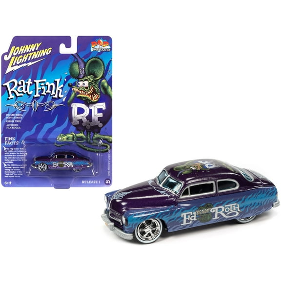 1949 Mercury Coupe Custom Purple Metallic with Graphics "Rat Fink" "Pop Culture" 1/64 Diecast Model Car by Johnny Lightning