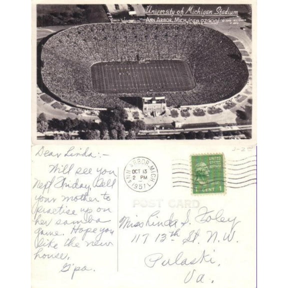 1949 Michigan Football Stadium Black And White Postcard Postmarked 1951