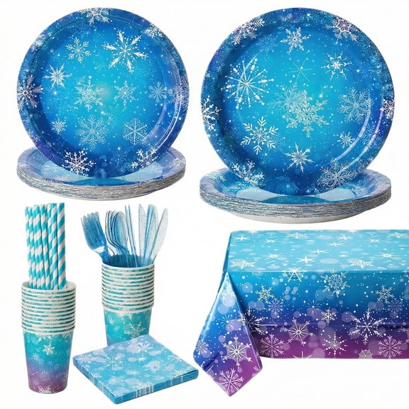 194Pcs Winter Wonderland Birthday Party Decorations, Frozen Snowflake Tableware Set with Paper Plates Napkins Cups Banner Tablecloth Cutlery for Holiday New Year Party Supplies, Serves 24 Y114