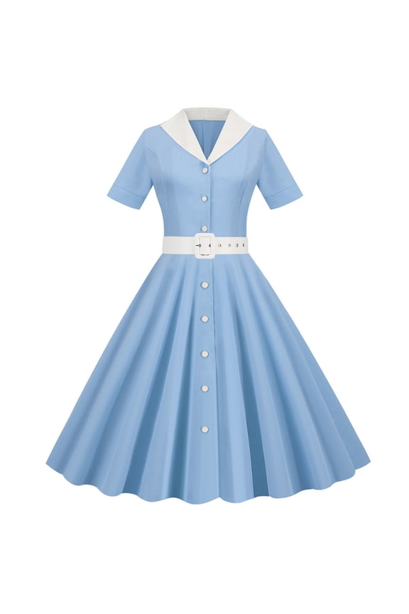 1950 Dresses for Women Vintage Cocktail Cape Collar Vintage Button Swing Stretchy Dresses With Belts