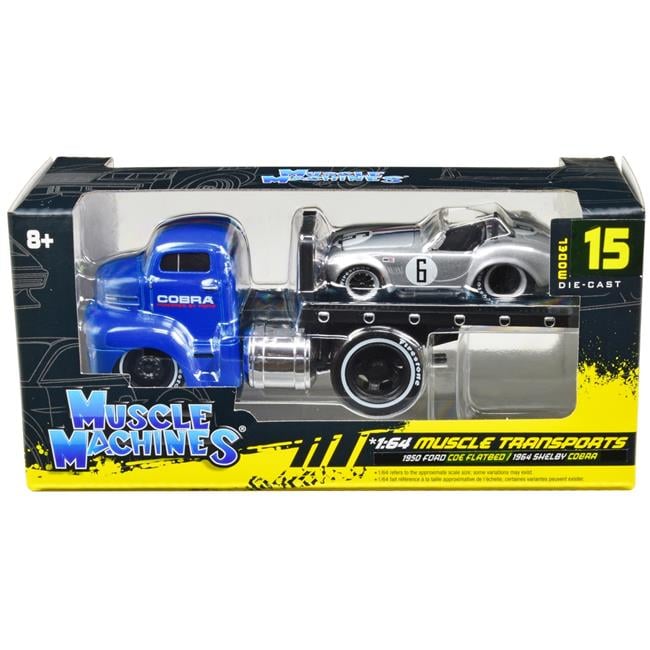 1950 Ford COE Flatbed Truck Blue Cobra Powered by Ford & 1964 Shelby Cobra No.6 Silver Metallic with Stripes Muscle Transports Series 1-64 Diecast Model Cars