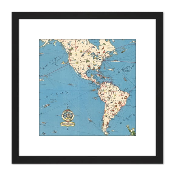 1950 New York Pictorial Map Shrinking Time Distance 8X8 Inch Square Wooden Framed Wall Art Print Picture with Mount