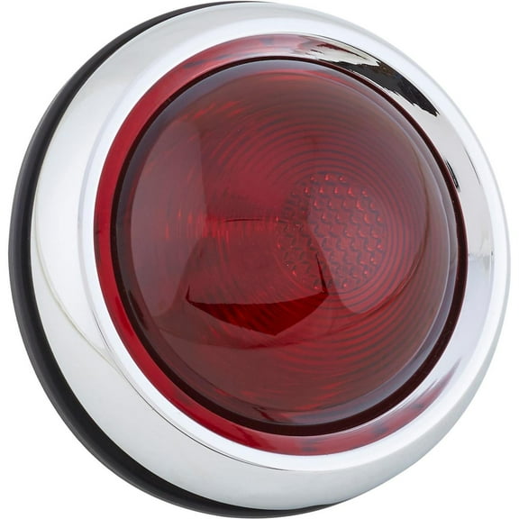 1950 Pontiac Red Tail Light Assembly, Classic Design, Chrome Bezel, Red Glass Lens, 4-1/4" O.D., Single 1157 Dual Filament Bulb, Taillight/Stop/Turn Functions, 3-1/2" Mount Center