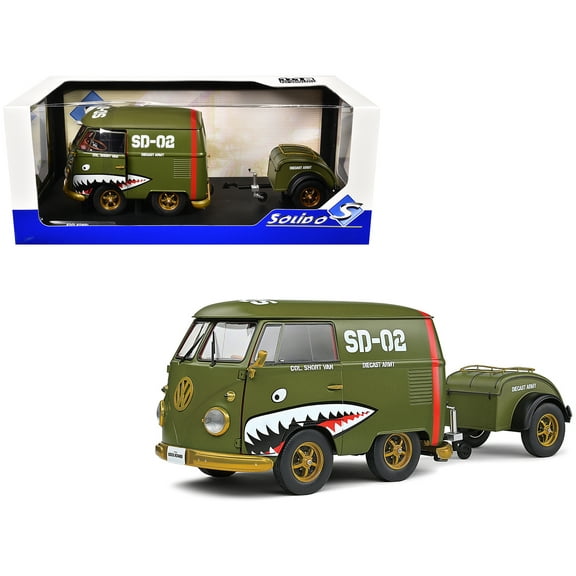 1950 Volkswagen Kool Kombi Van with Trailer "Army Fighter" Green with Graphics 1/18 Diecast Model Car by Solido