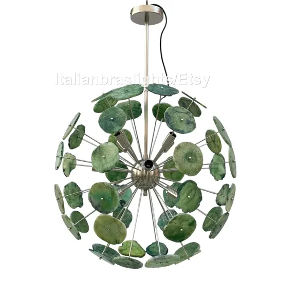 1950's Brass Green Agate Stone Brushed Nickle Sputnik Chandelier Urchin Italian