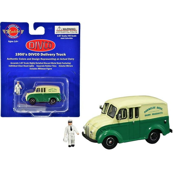 1950\'s Divco Delivery Truck Green and Yellow Parmelee Bros. Dairy Products with Milkman Figurine and Carrier 1/87 (HO) Scale Diecast Model by American Heritage Models