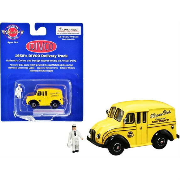 1950's Divco Delivery Truck Yellow "Florence Bros. Dairy Products" with Milkman Figurine and Carrier 1/87 (HO) Scale Diecast Model by American Heritage Models
