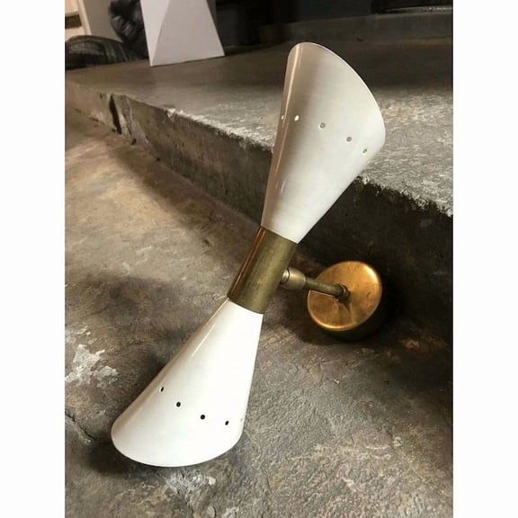 1950 's Italian Wall Sconces in Brass Stilnovo Lamps Ceiling Wall Fixture Light White Pair.