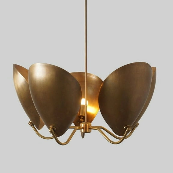 1950's Mid Century 5 Light Curved Disk Shades Handmade Mid Century Modern Brass Sputnik Chandelier Ceiling Fixture
