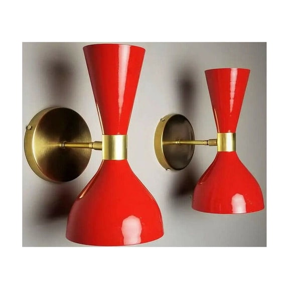 1950's Mid Century Brass Italian Diabolo Wall Sconce Light Fixture 2 Bulb Pair